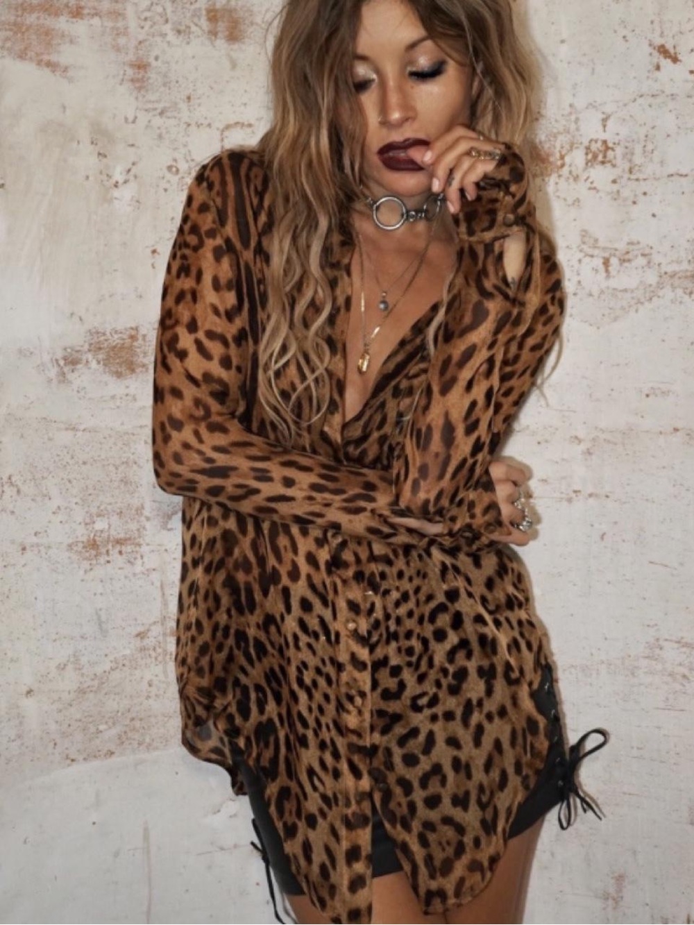 Rat & Boa Mica Blouse Top Leopard Print Button-Up Brown/Black 100% Silk Rare